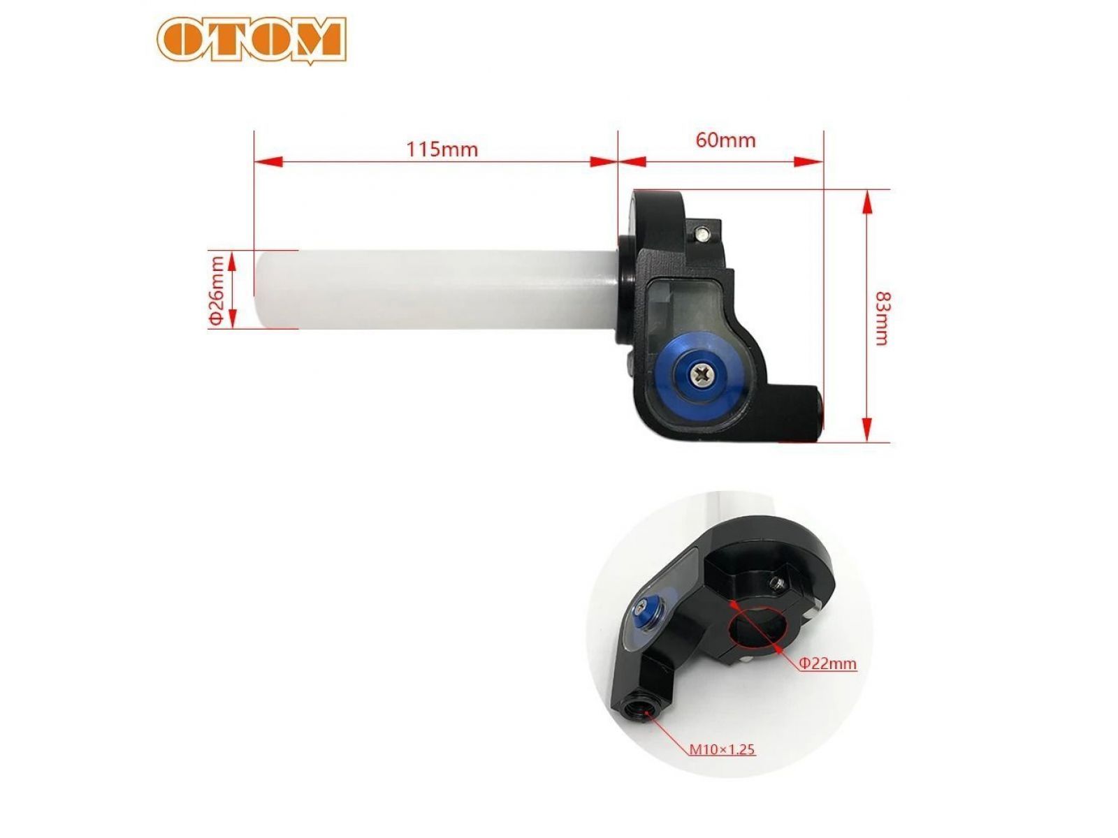 Ручка газа короткоходная, пластиковая втулка, черная, сине-красный ролик
